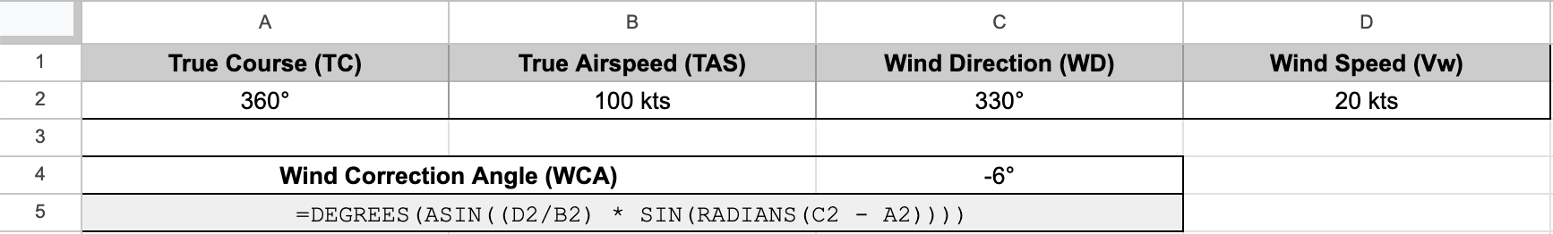 Wind correction angle example